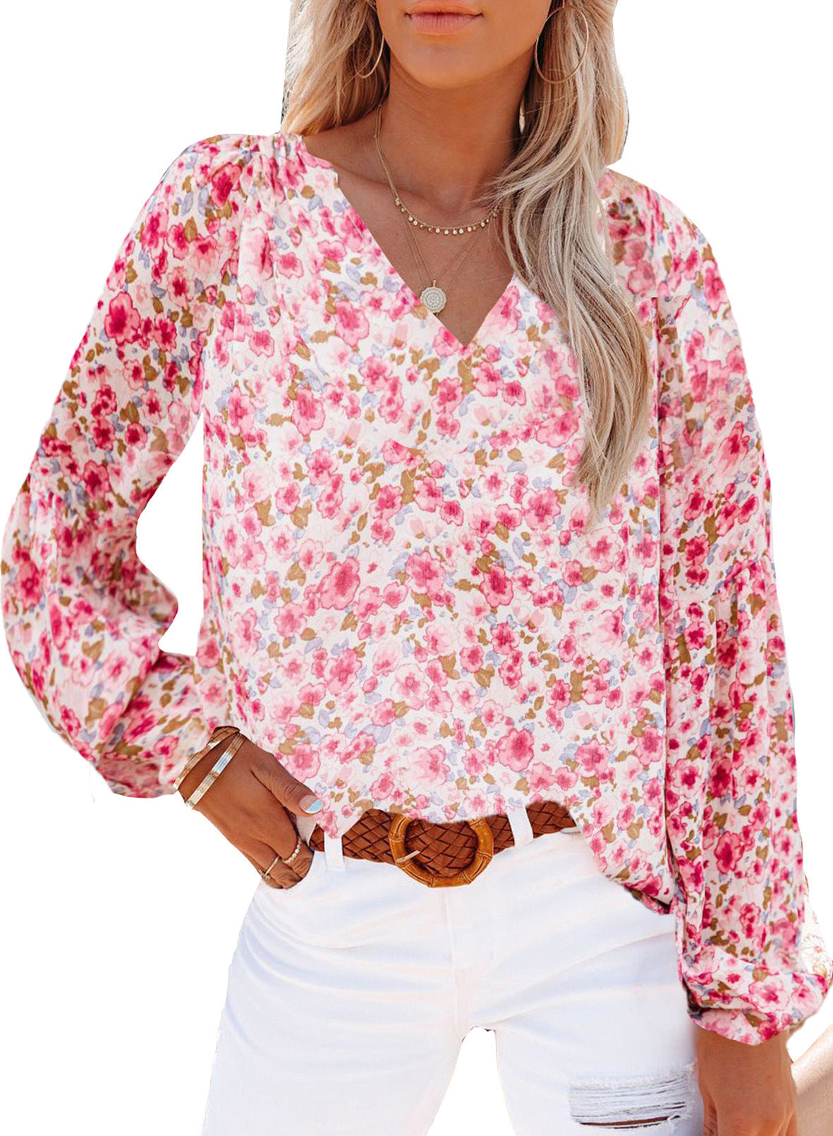 Lantern Sleeve Shirt Floral Print Chiffon Shirt