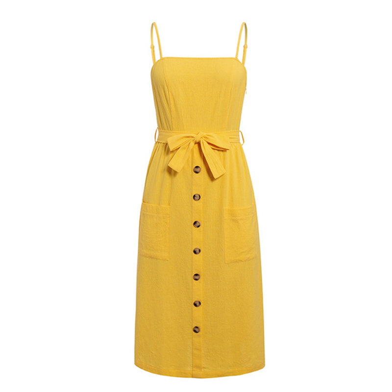 solid color button cotton strap bow A-line dress