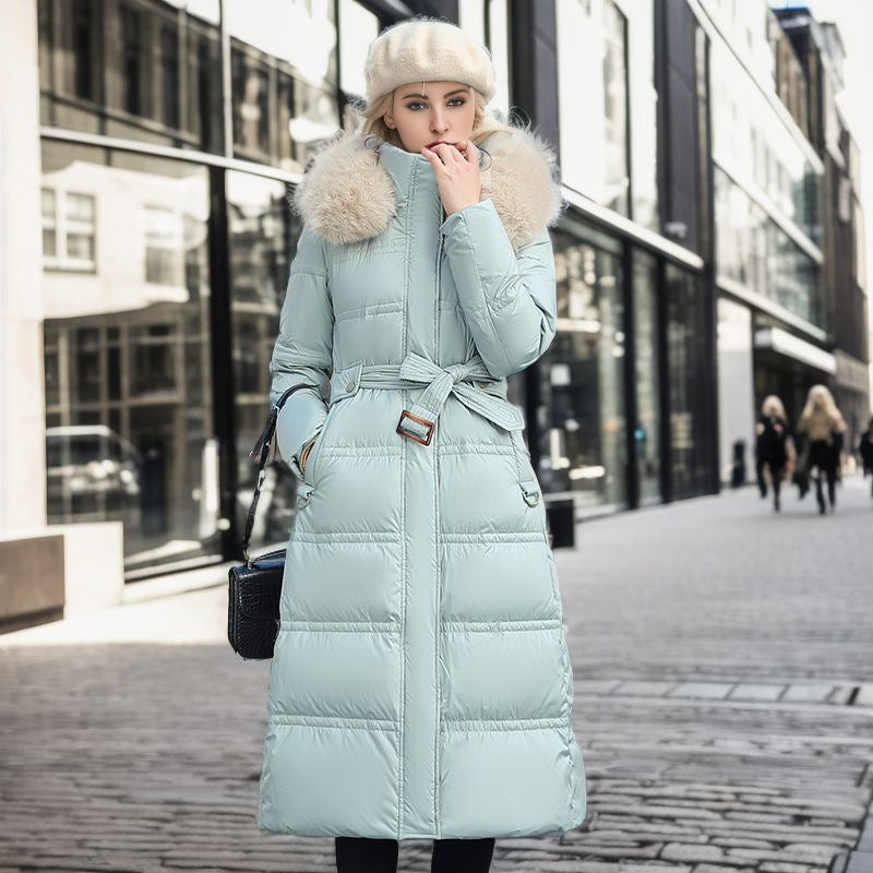 Slim Long Jacket With Fur Hood And Belt Solid Hooded Coat Warm Clothing For Women