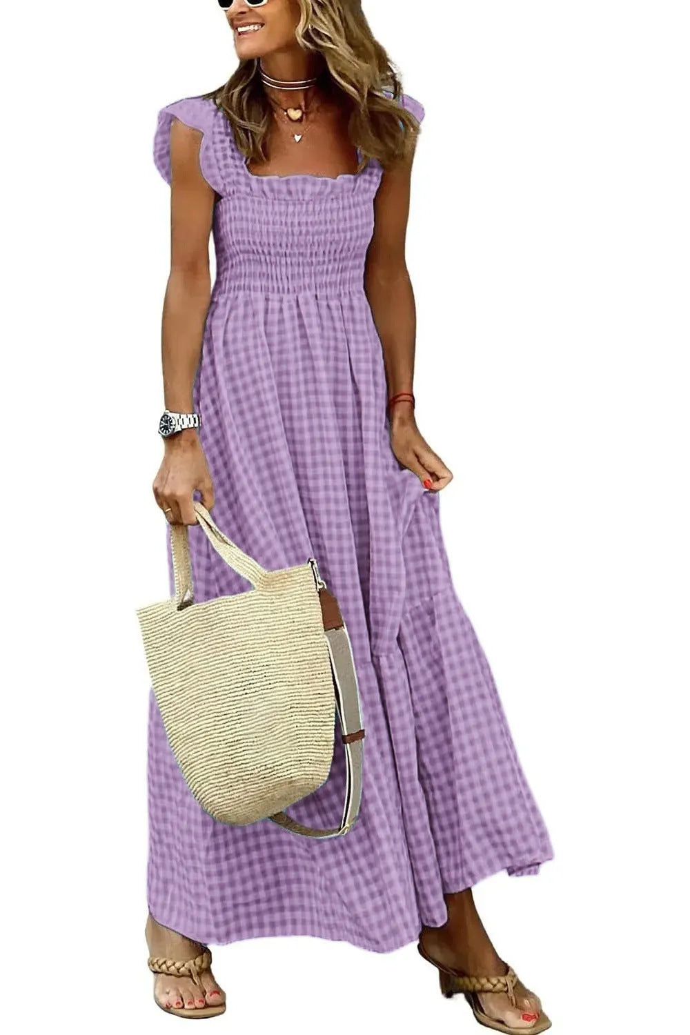 Plaid Print Pleated Ruffle Dress INS Sleeveless A-line Swing Beach Dress Clothing