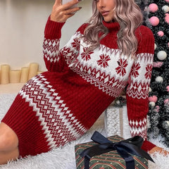 Knitted Red And White High-neck Color-block Sweater Dress