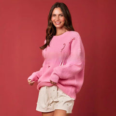 Christmas Embroidered Long Sleeve Pullover Round Neck Loose Top
