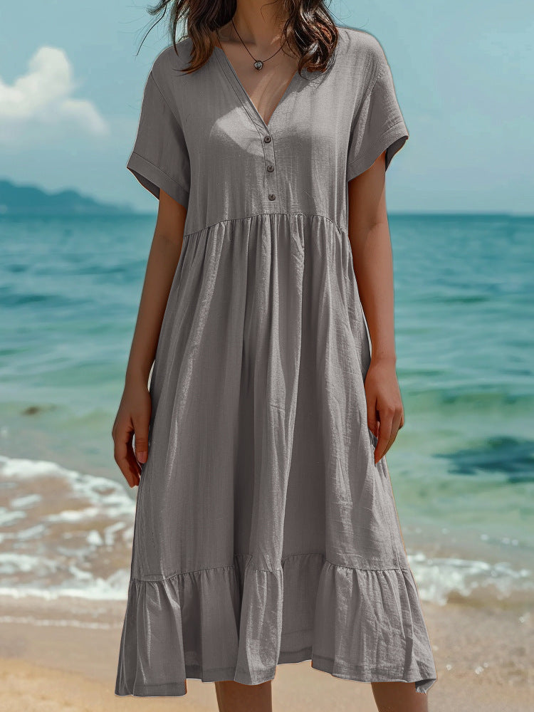 Solid-color Short-sleeve Pleated Dress