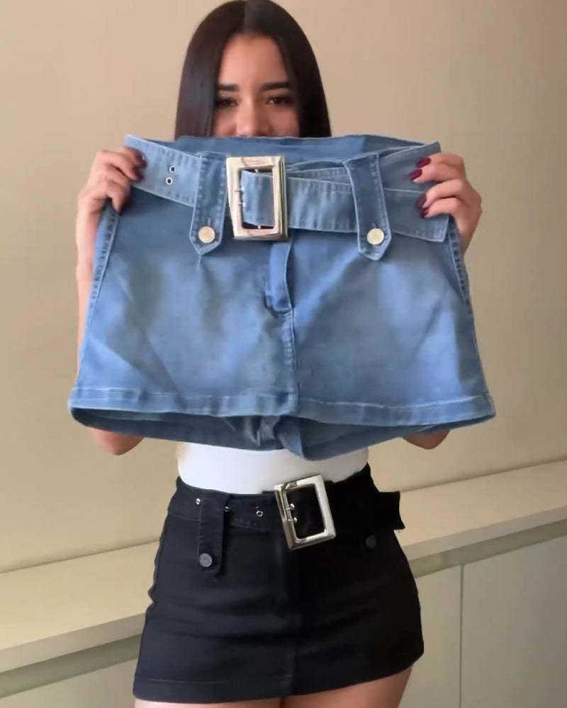 High Waisted Mini Slim Fit Denim Skirt With Shorts Underneath