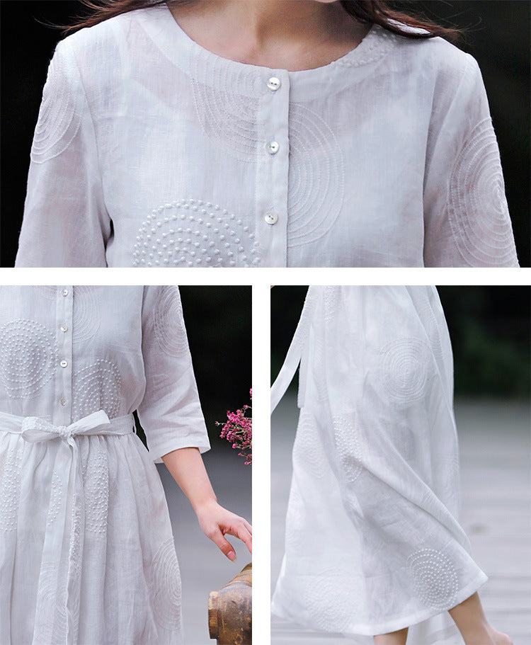 Spring And Literary Leisure Round Neck Linen Embroidered Dress Women