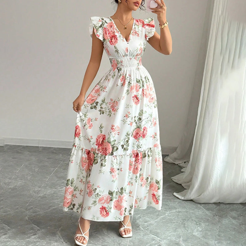 Womens Casual Maxi Dress Flutter Short Sleeve V Neck Smocked A Line Flowy Beach Vacation Long Dresses