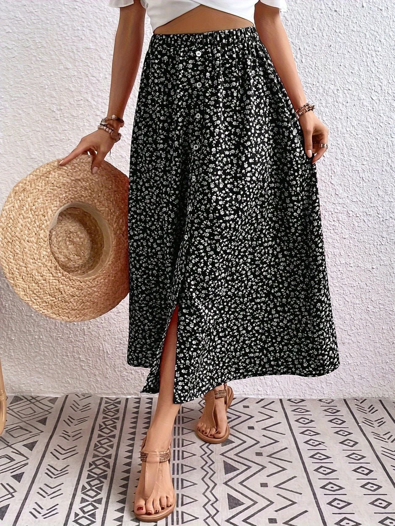 Printed Breasted Self-tie Pastoral A- Line Skirt Advanced Skirt
