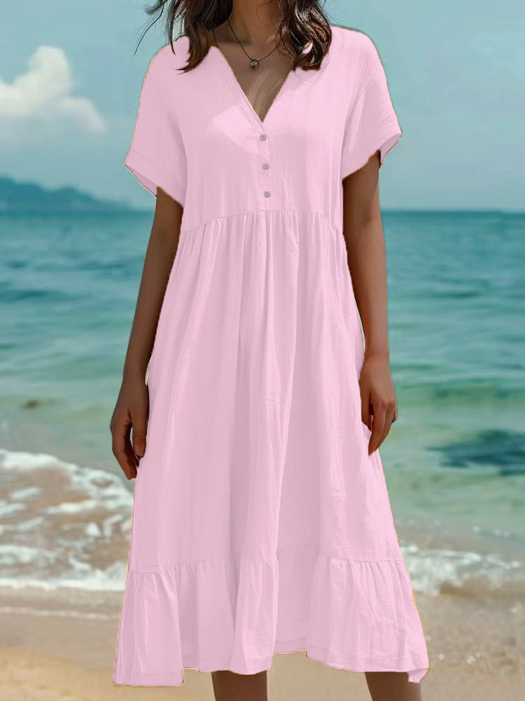 Solid-color Short-sleeve Pleated Dress