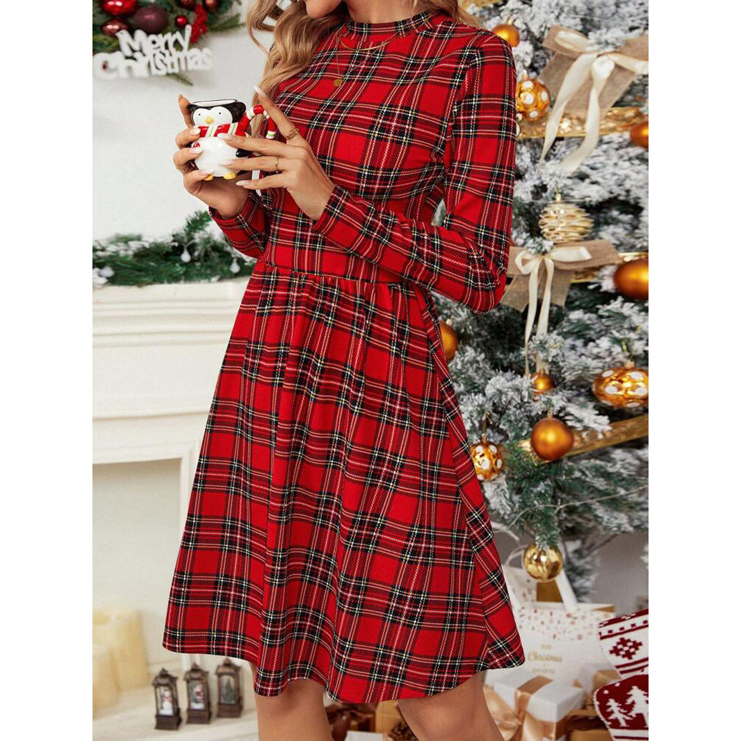 High Collar Long Sleeve Dress Christmas Style