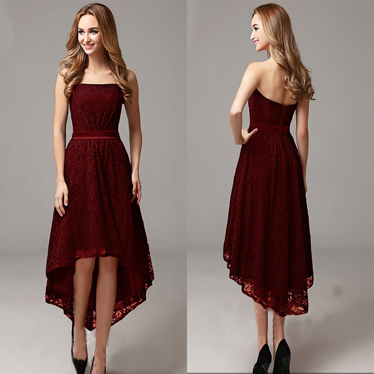 Temperament Lace Wrapped Chest Solid Color Slim Tail Cocktail Dress