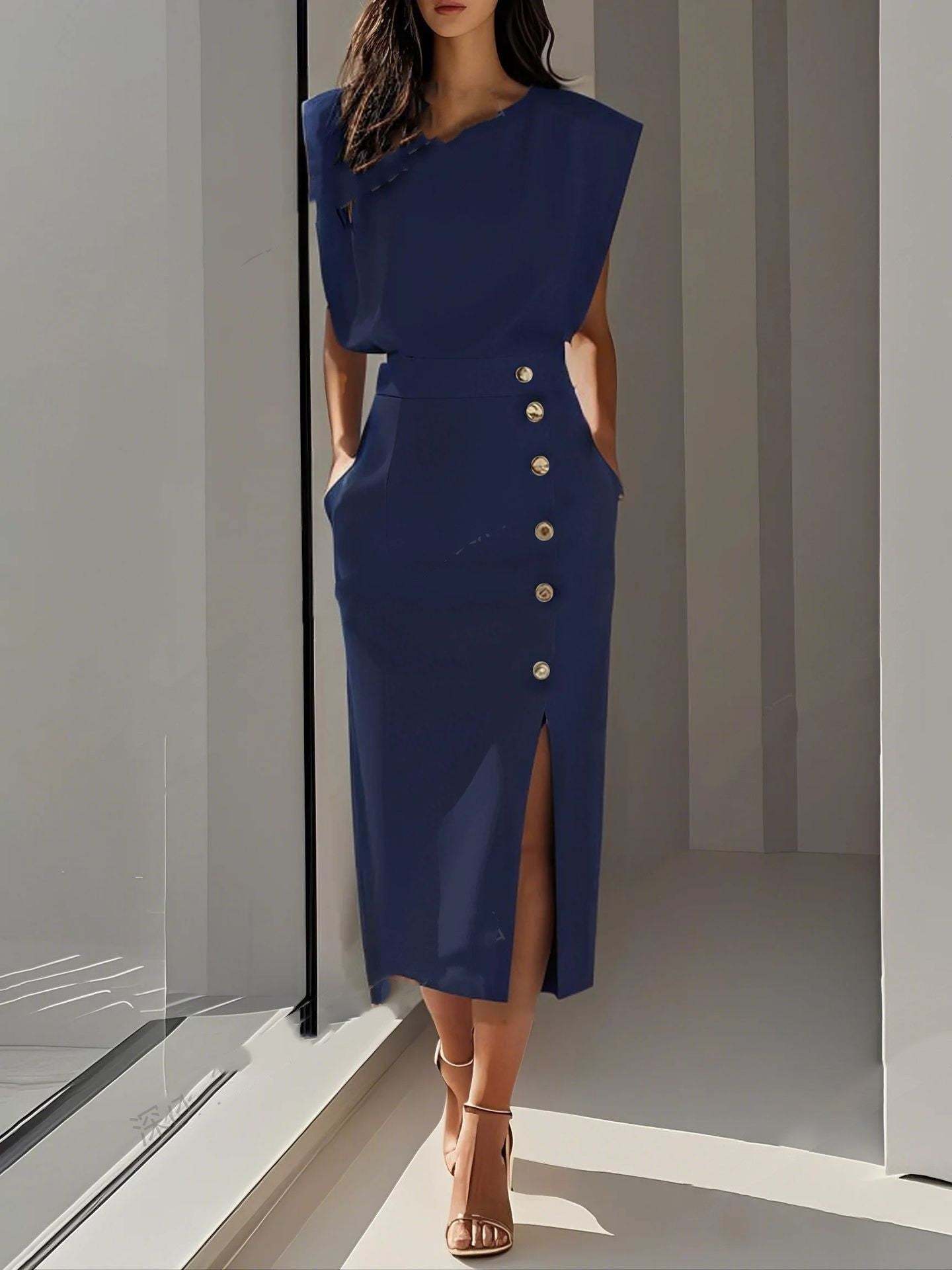Split Metal Button Dress Women