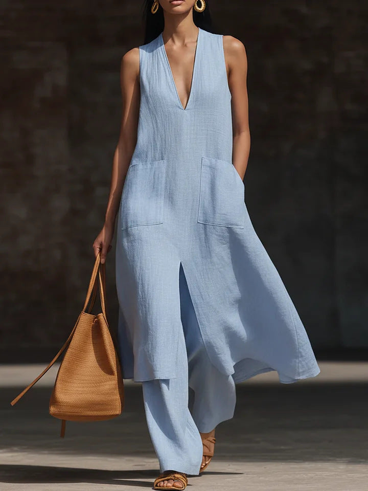 Casual Style V-Neck Sleeveless Dress Set