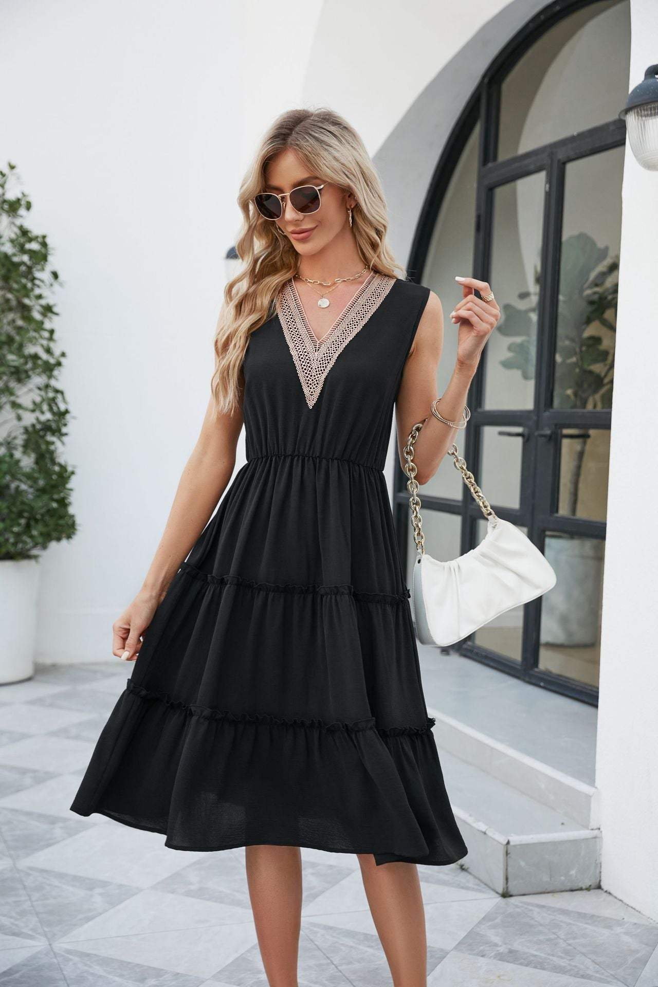 V-neck Dresses Sleeveless Pleated Ruffle Elegant Dress Beach Summer