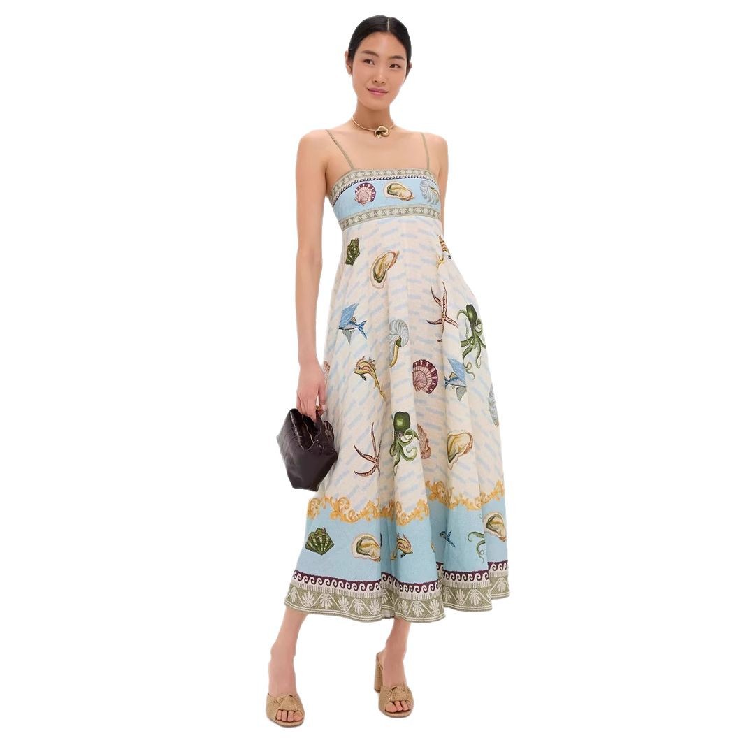 High-waisted Cotton-linen Printed Camisole Casual Dress