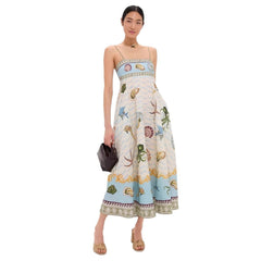 High-waisted Cotton-linen Printed Camisole Casual Dress