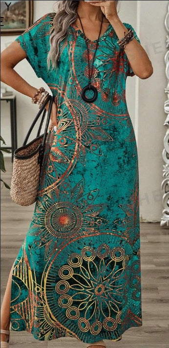 Vintage Floral Print V-Neck Batwing Sleeve Casual Dress Maxi Dresses Long Dress