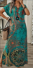 Vintage Floral Print V-Neck Batwing Sleeve Casual Dress Maxi Dresses Long Dress
