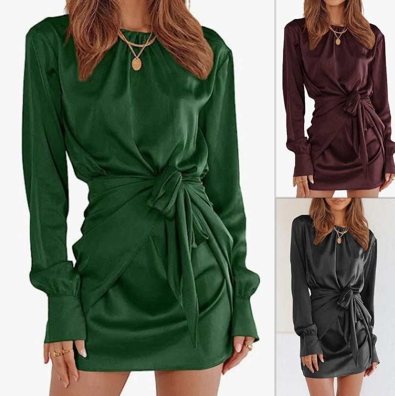 Satin Long Sleeve Round Neck Tied Elegant Cocktail Party Dress