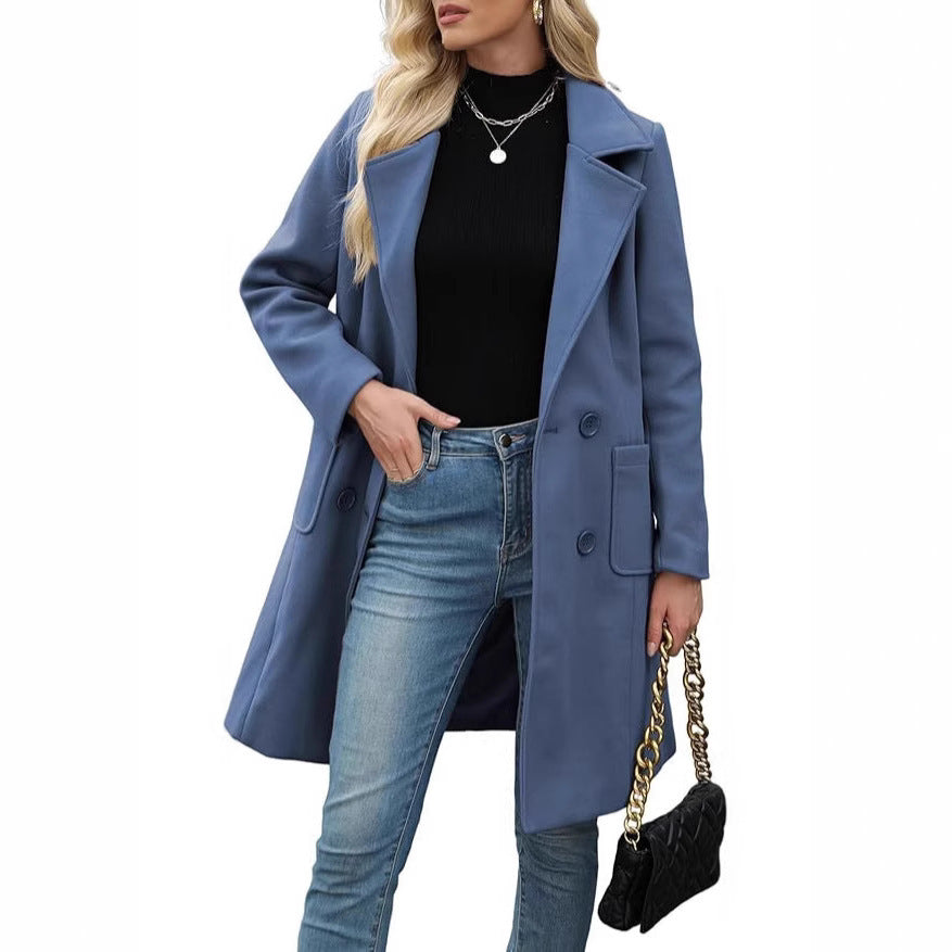 Korean Style Slim Mid-length Double Breasted Turn-down Collar Coat