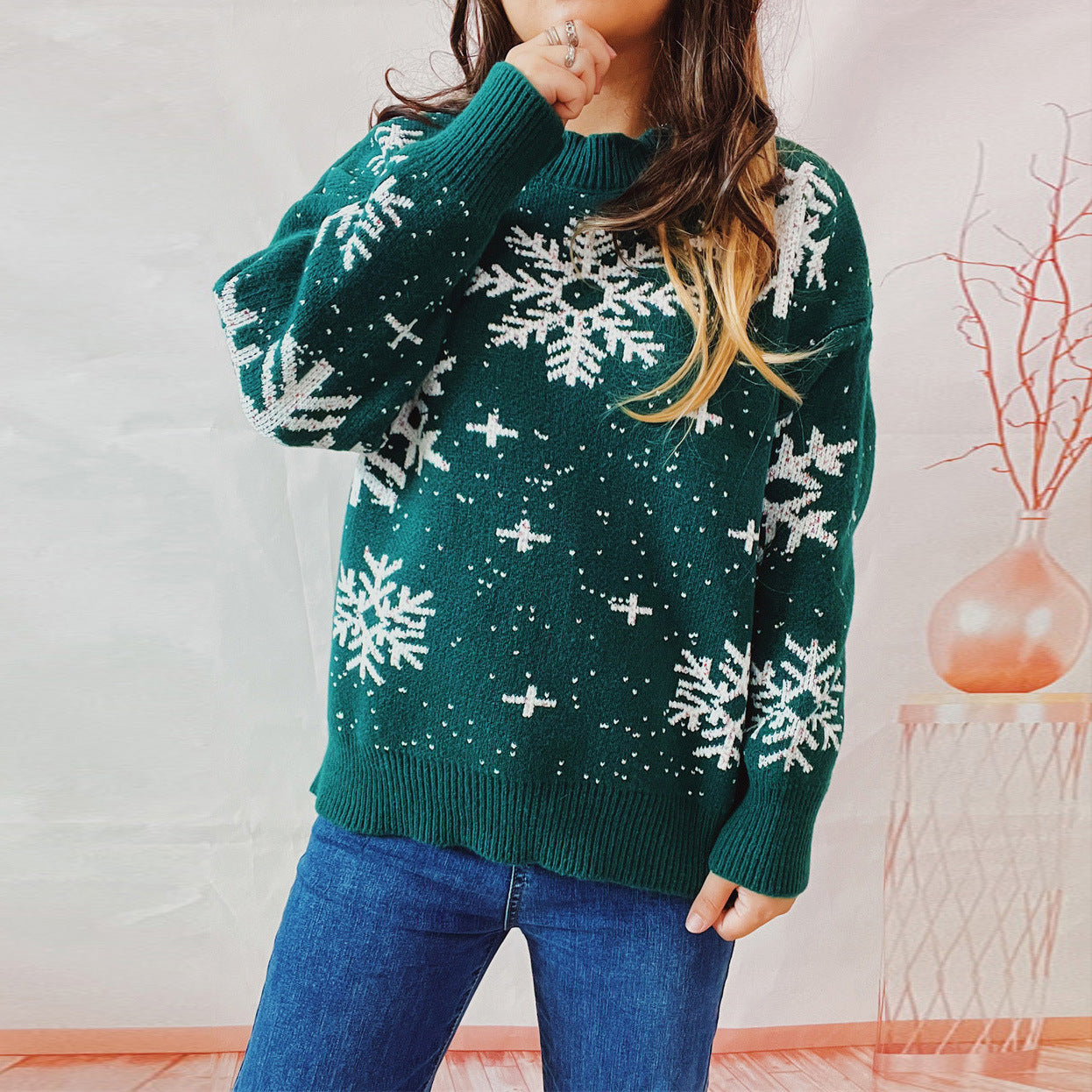 Christmas Snowflake Round Neck Long Sleeve Knitted Sweater