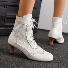 34-50 Plus-Size Lace Patchwork Colorblock Lace-Up Boots