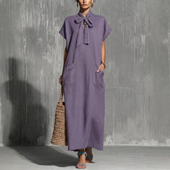 V-neck Lace-up Short-sleeve Solid-color Loose Casual Dress