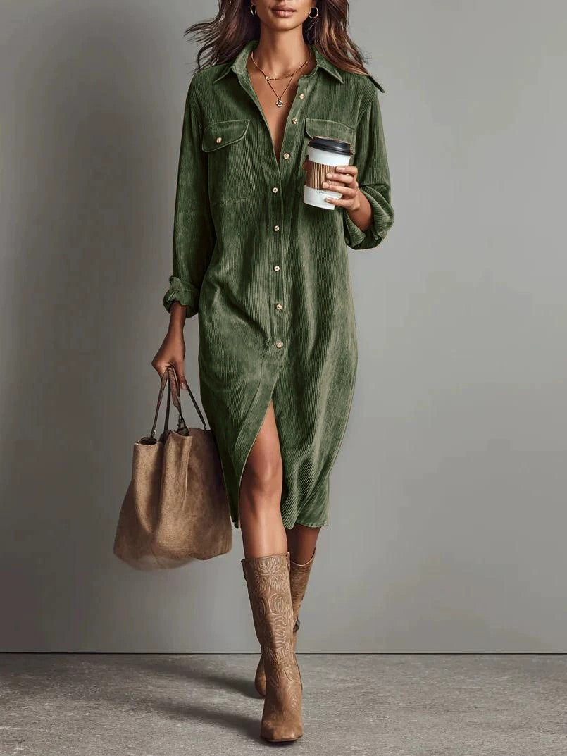 Turn-Down Collar Buttons Chic Casual Dress, Spring Solid Simple Party Dress, Long Sleeve Holiday Ladies Dress
