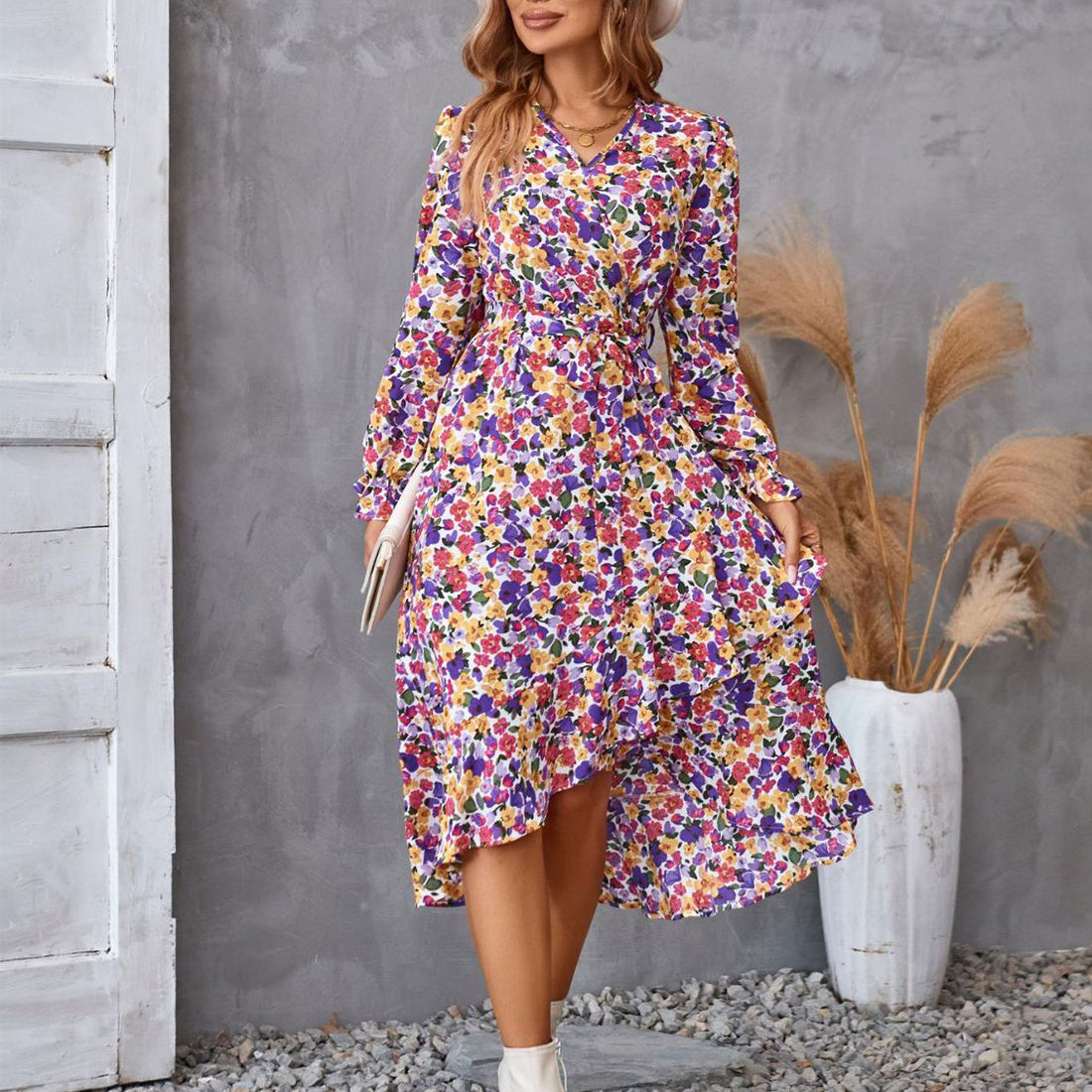 Flowers Print Long Sleeve Dress Ruffled Commuter Temperament Dresses Womens Clothing