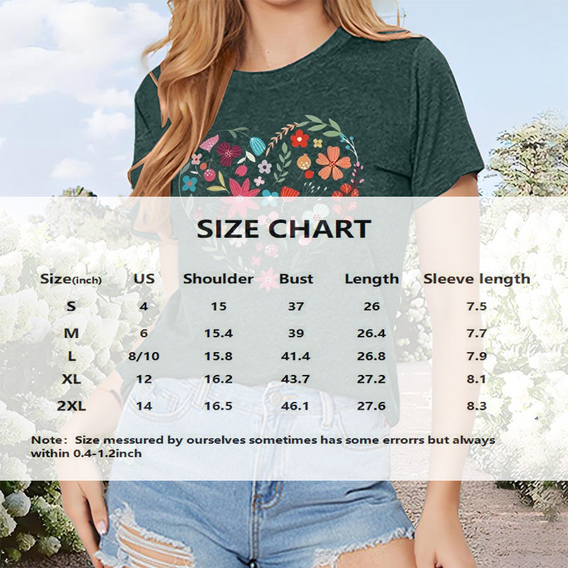 Floral Heart Print Short Sleeve T-Shirt Casual Round Neck Blouse