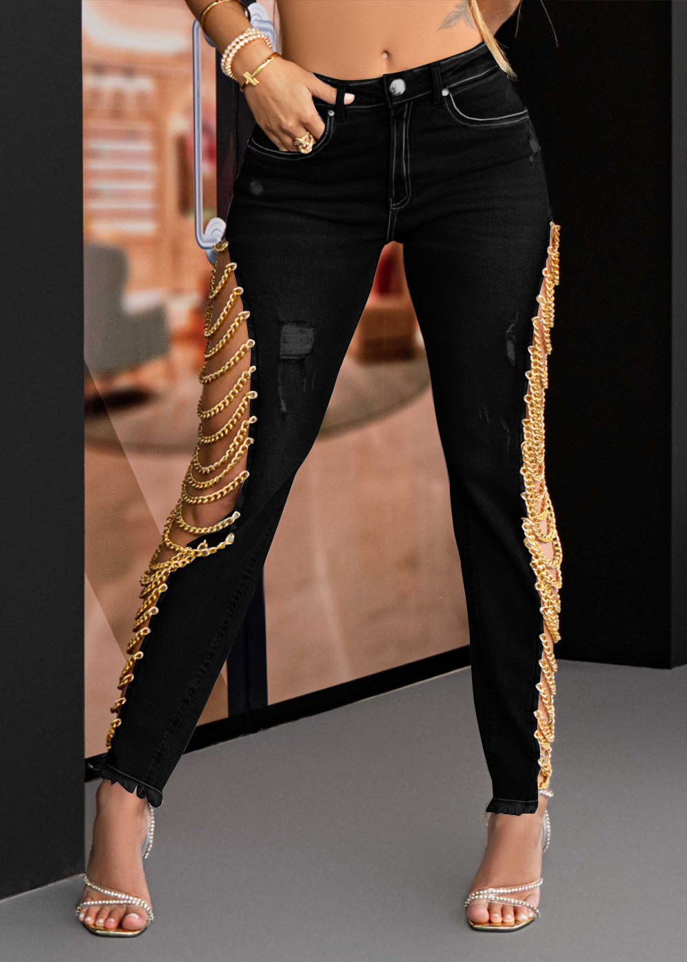 High Rise Destroyed Trendy Chain Raw Hem Lace Up Sides Zipper Button Denim Jeans