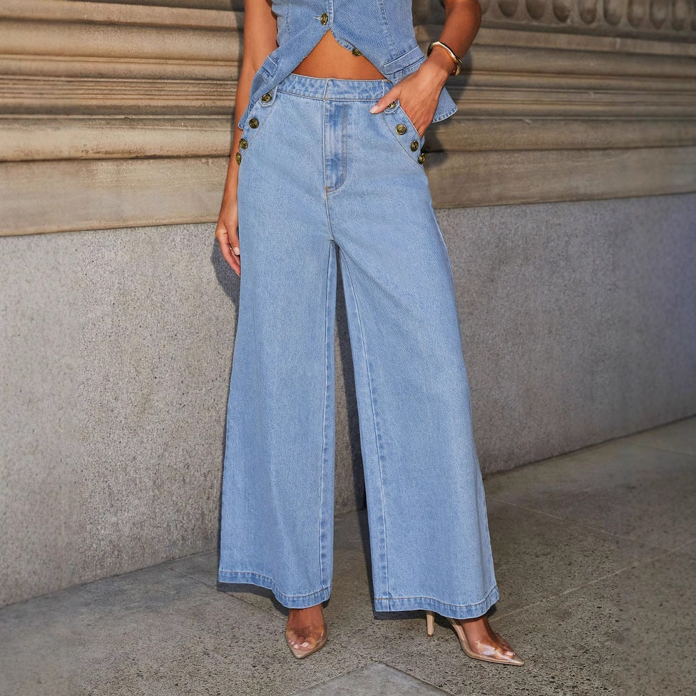 Denim Vest Suits Sleeveless Button Tops And Wide Leg Straight Pants With Pockets Trousers Set