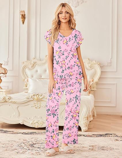 Home Wear Short-Sleeve Long-Pants Printed Set