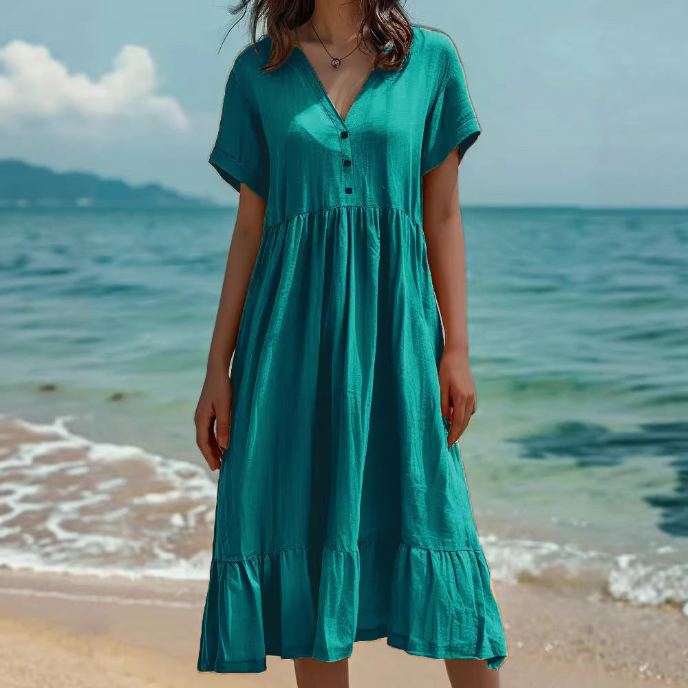 Solid-color Short-sleeve Pleated Dress