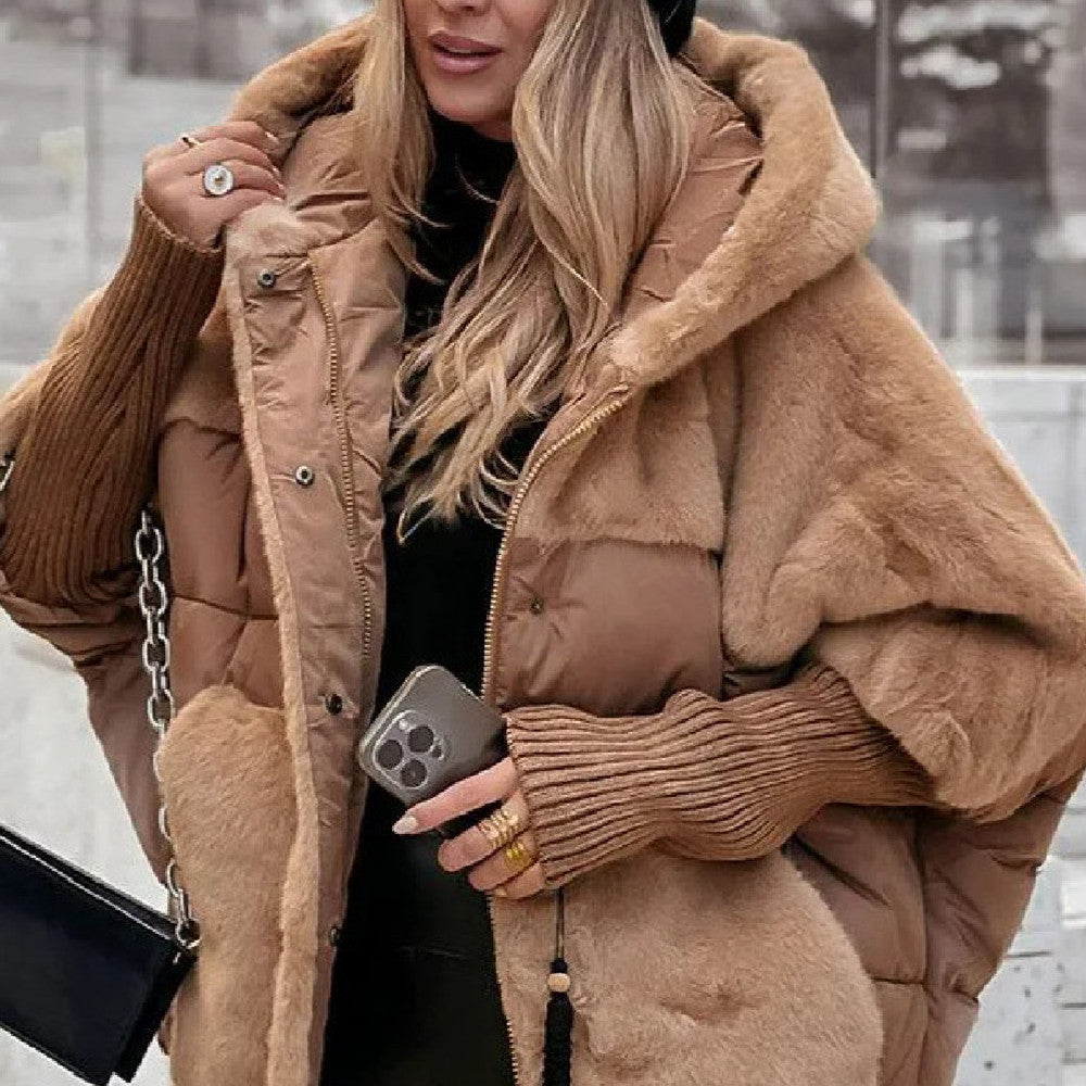 Loose Cotton Coat Faux Fur Patchwork Coat Comfort Chic Long Sleeve Hooded Jacket