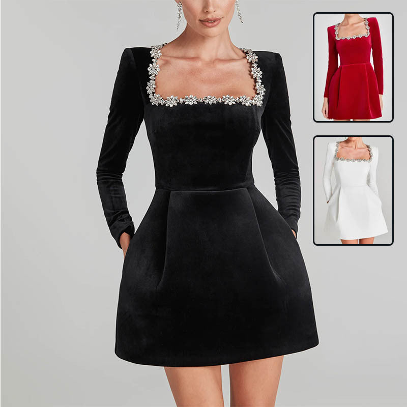 Elegant Square Neck Long-sleeved Dress With Flowers Rhinestone Design A-line Short Dresses Spring Clothing For Women