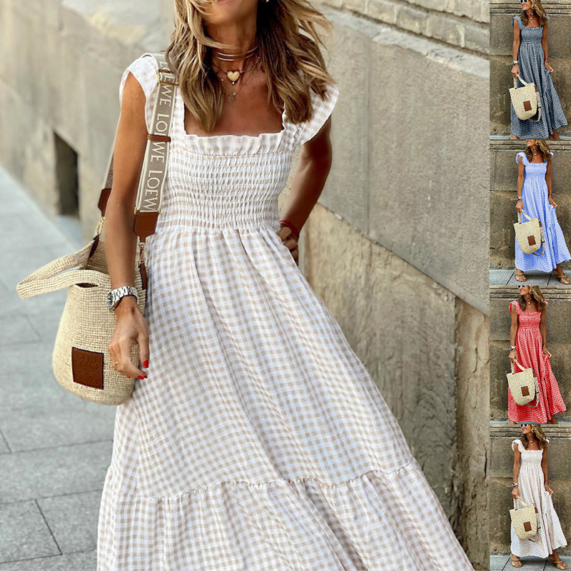 Plaid Print Pleated Ruffle Dress INS Sleeveless A-line Swing Beach Dress Clothing