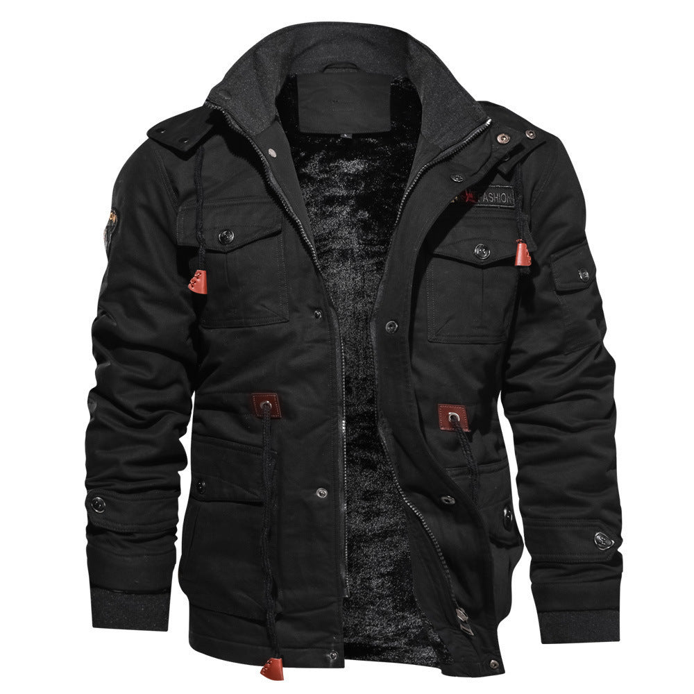 Zip-up Coat Warm Thickened Detachable Hooded Jacket Multi-pocket Button Drawstring Long Sleeve Tops Men's Cargo Clothing