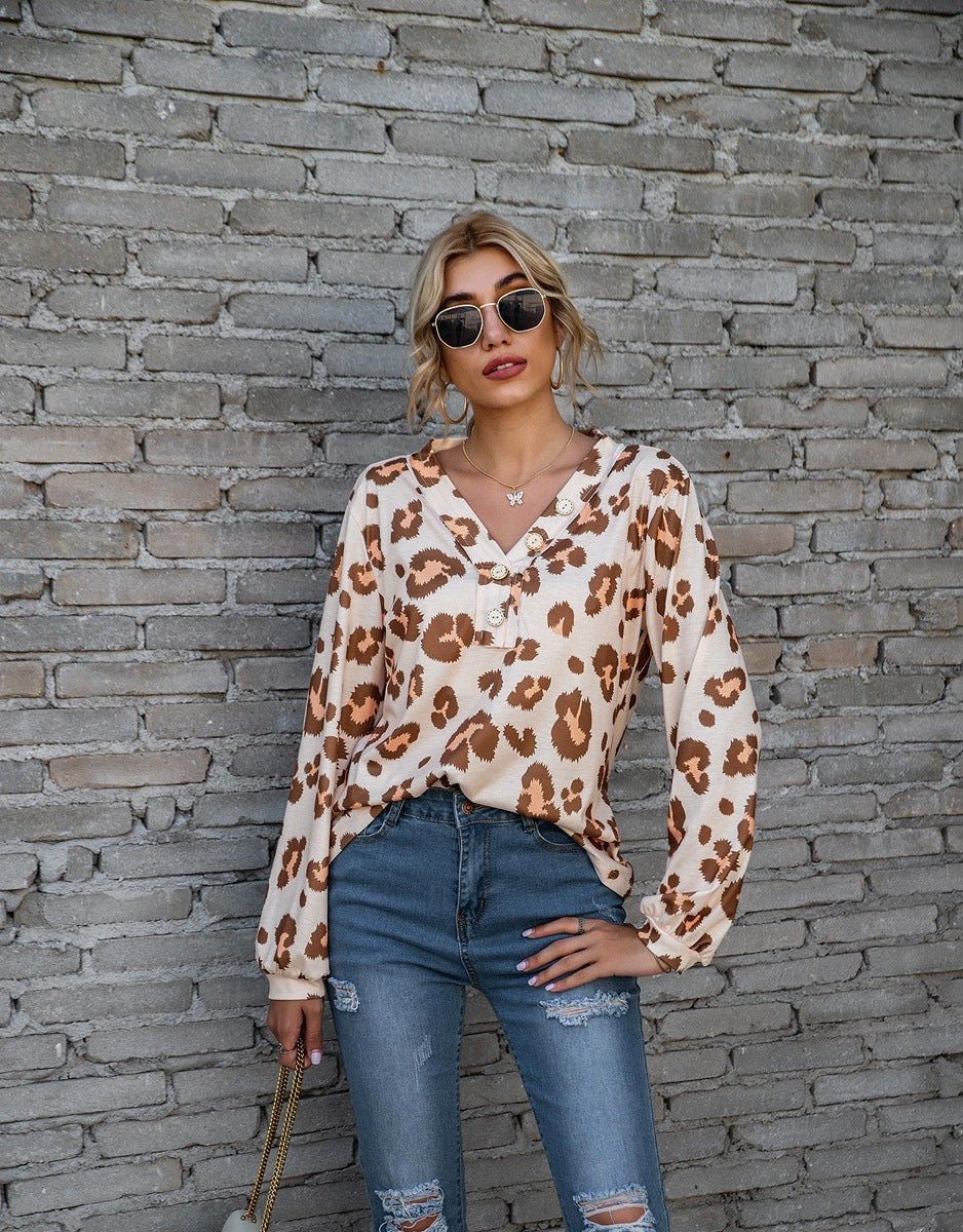 Leopard Print V-neck T-shirt Loose Long Sleeve Tops For Clothing