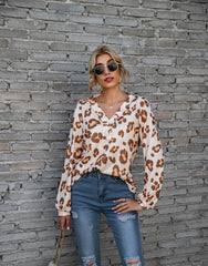 Leopard Print V-neck T-shirt Loose Long Sleeve Tops For Clothing