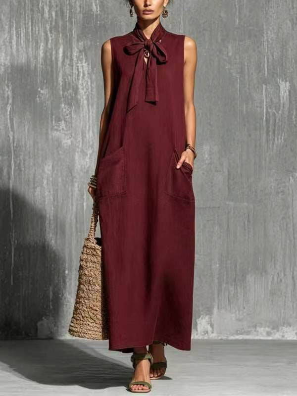V-neck Lace-up Short-sleeve Solid-color Loose Casual Dress