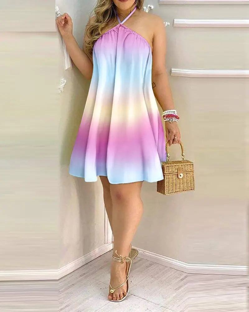 Printed Dress Off-Shoulder Hanging Neck Sleeveless Dresses Women