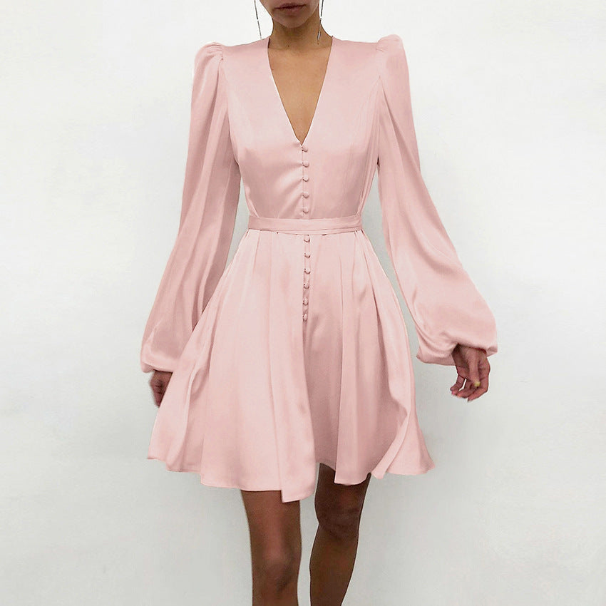 Spring Satin V-Neck Slim Dress â€?Elegant Temperament Style