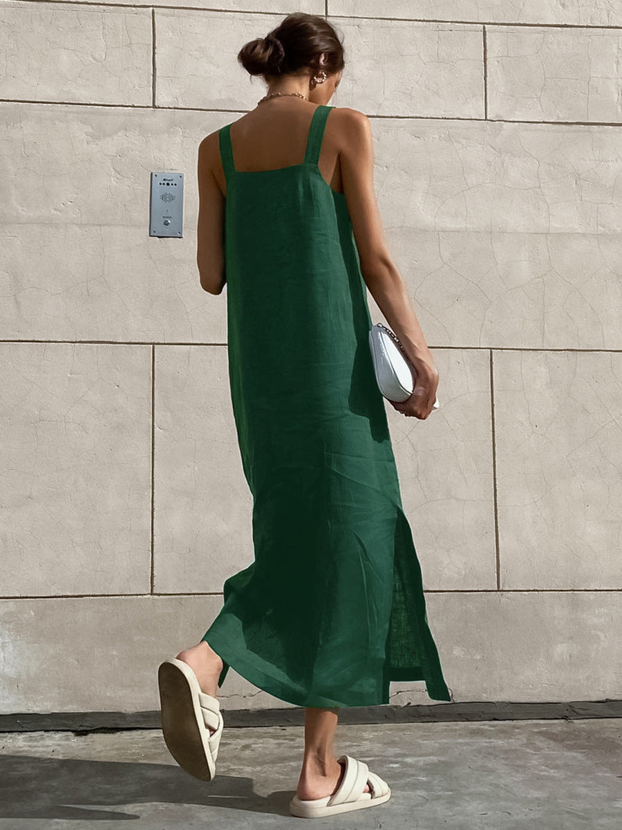 Casual Cotton And Linen Loose Strap Dress