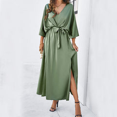 V-Neck Bat Sleeve Long Dress â€?Split Design, High Waist, Lace-Up Elegant Fit
