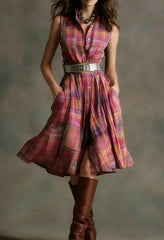 Plaid Collared Sleeveless Fitted Waist Dress