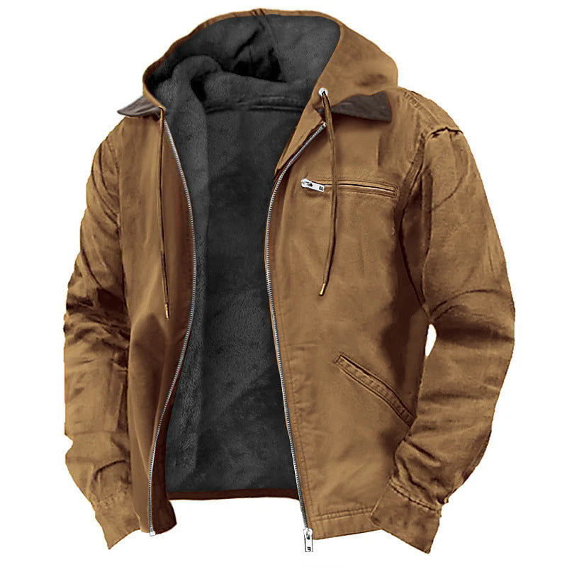 Hooded Coat With Pockets Warm Fleece Zip-up Jacket Casual Outwear Men's Clothing