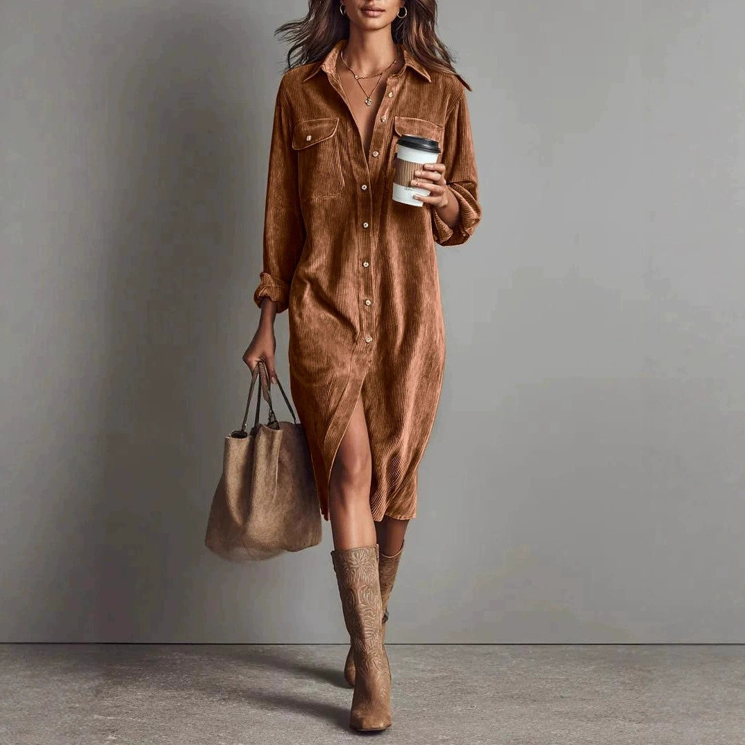 Turn-Down Collar Buttons Chic Casual Dress, Spring Solid Simple Party Dress, Long Sleeve Holiday Ladies Dress
