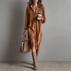 Turn-Down Collar Buttons Chic Casual Dress, Spring Solid Simple Party Dress, Long Sleeve Holiday Ladies Dress