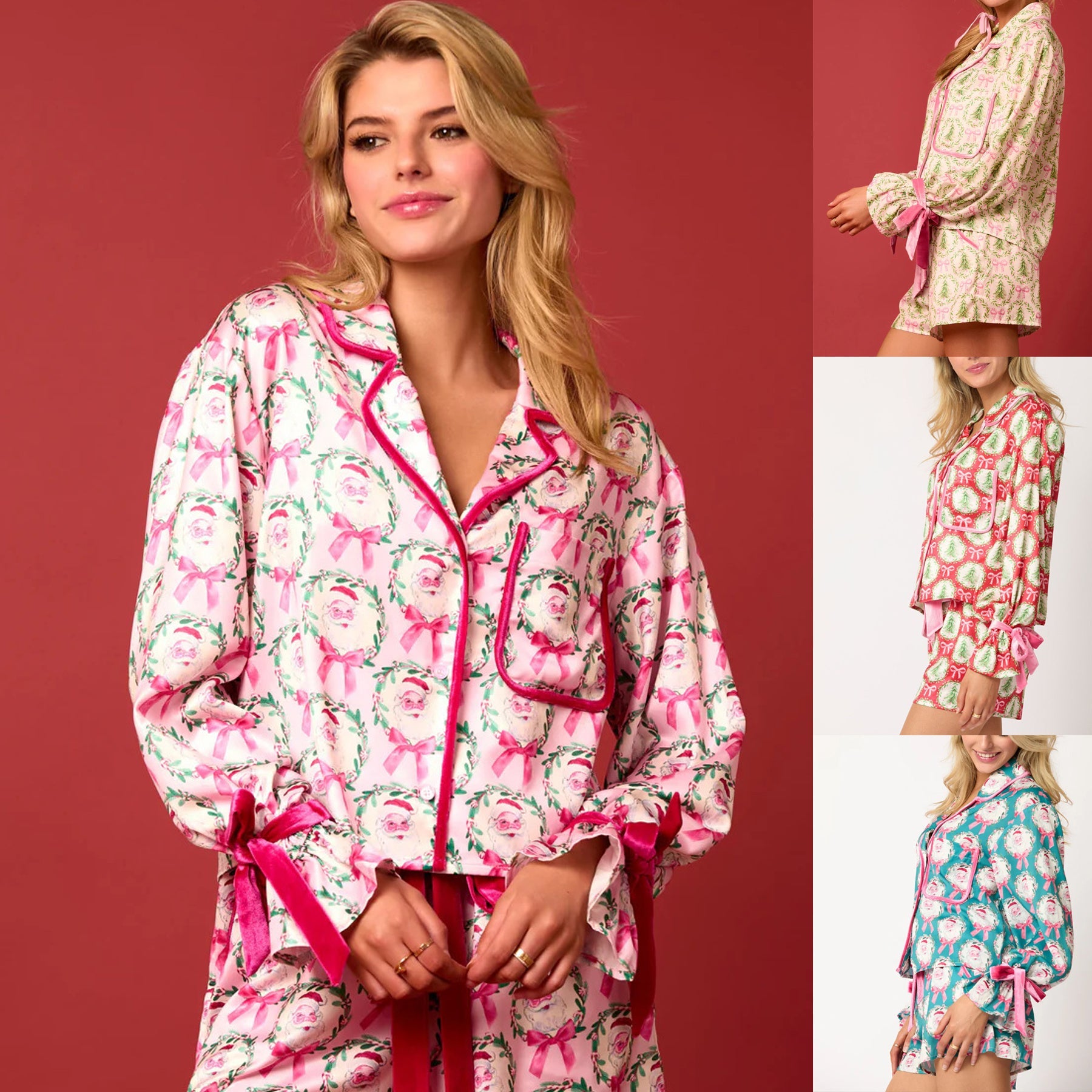 2 Pcs Christmas Pajama Set Santa Tree Print Lapel Neck Button-up Long Sleeve Tops Shorts Loungewear Outfit
