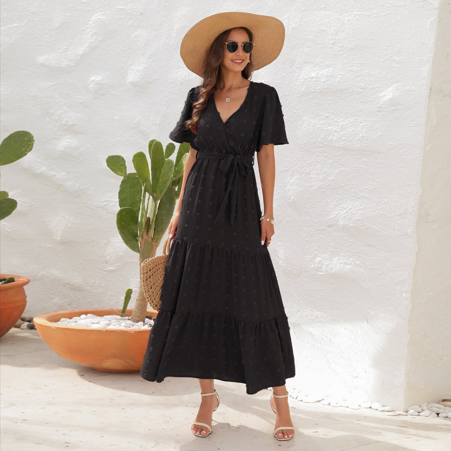 V-neck Short Sleeve Dress Fur-ball Design Tied High Waist Long Long Dresses